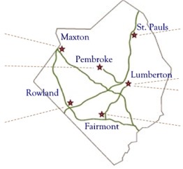 Map of Robeson County showing affiliated libraries
